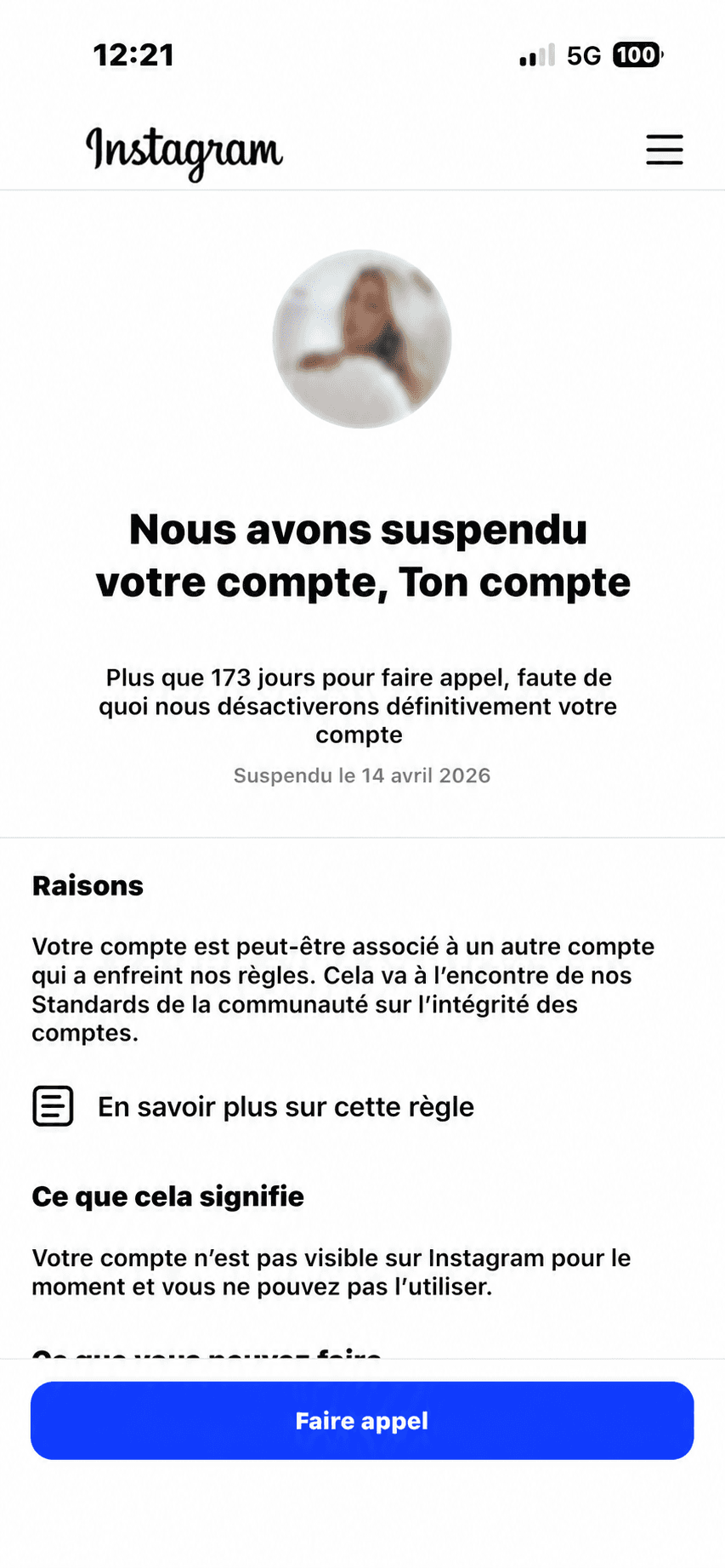 Notification de suspension Instagram
